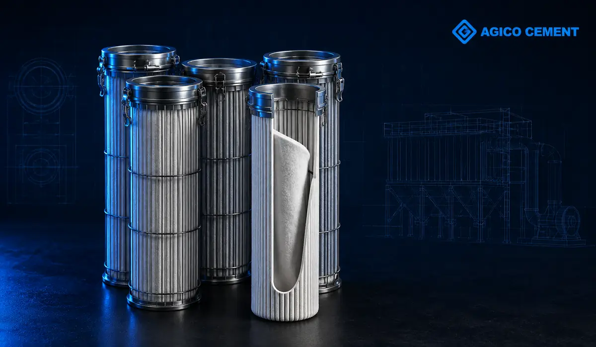 AGICO CEMENT branded 3D industrial filter bag rendering