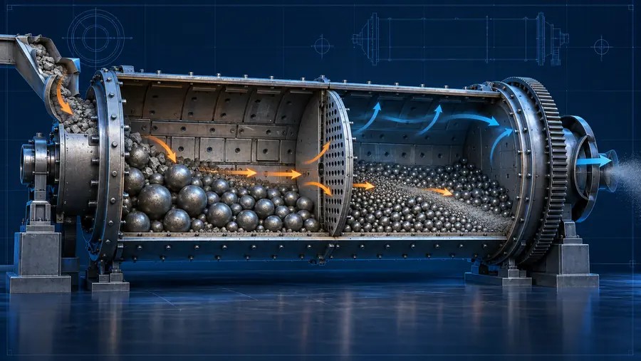 Material and air flow through a ball mill diaphragm