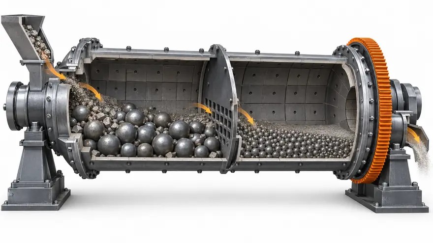 Ball mill cross section showing the intermediate diaphragm position
